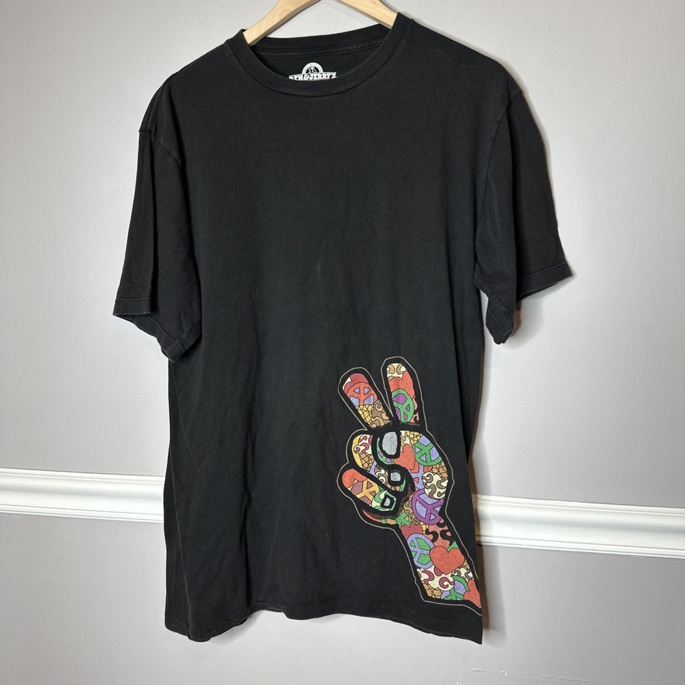 VTG Ben & Jerry's Peace Love Ice Cream Black Men's T Shirt Sz‎ L Organic S/S